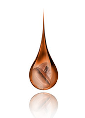 Conceptual image of two coffee beans are in drop on a white background