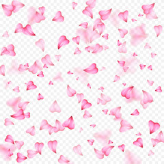 Valentines Day romantic background of pink hearts petals falling. Realistic flower petal in shape of heart confetti. Love theme. Wedding item. Decor element for greeting cards or gift packages.