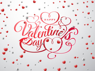 Happy Valentine s day. Font composition with red hearts and silver beads isolated on background. Vector Holiday romantic illustration. Wallpaper, flyer, invitation, poster, festive banner.