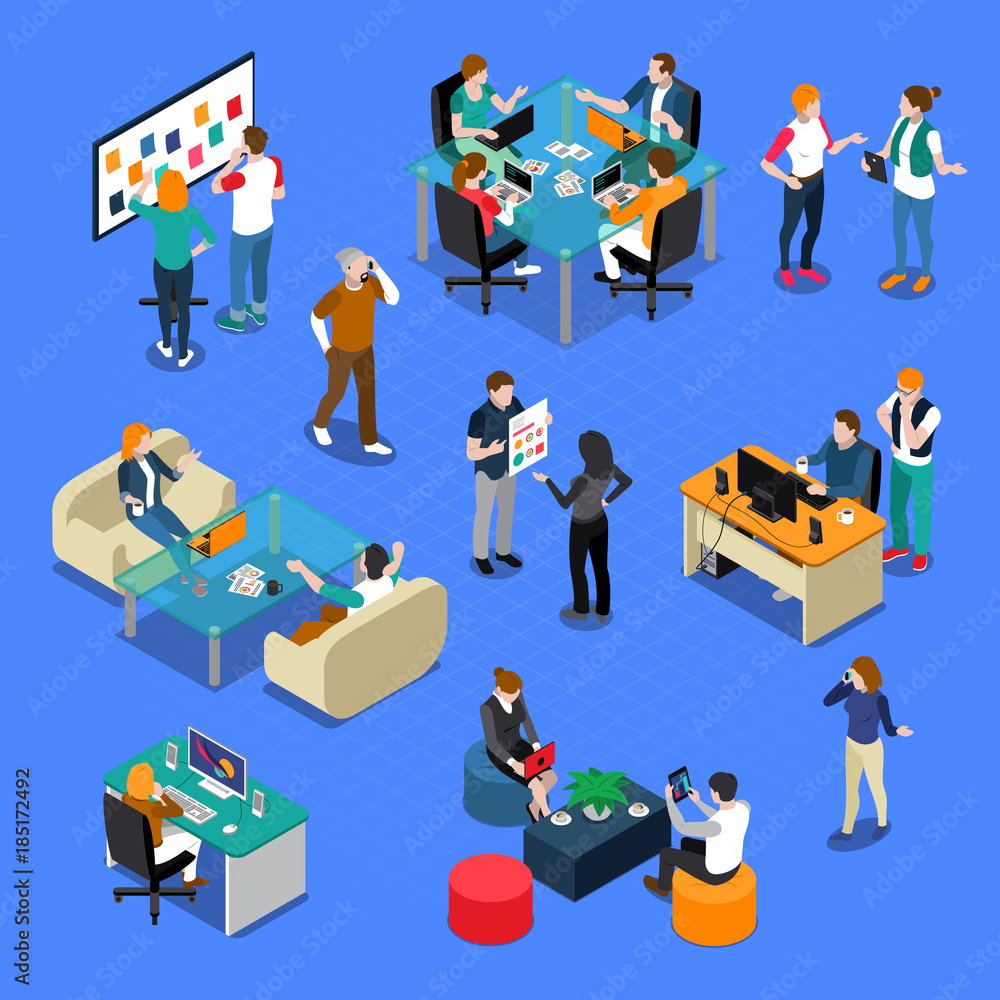 Sticker people coworking isometric set