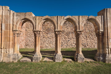 Famous landmark San Juan de duero monastery cloister ruins in Soria, Castilla y Leon, Spain.