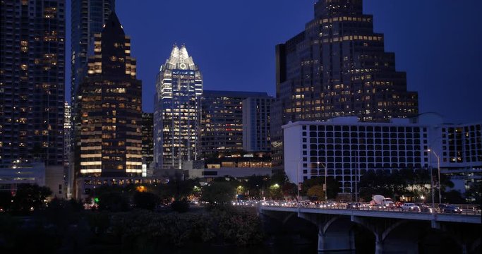An early evening exterior static establishing shot of the Austin, Texas skyline on an early winter afternoon.  	