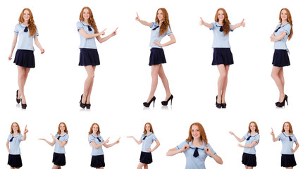 Young naughty student pressing virtual button isolated on white