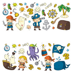 Pirate adventures Pirate party Kindergarten pirate party for children Adventure, treasure, pirates, octopus, whale, ship Kids drawing vector pattern for banners, leaflets, brochure, invitations