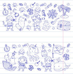 Pirate adventures Pirate party Kindergarten pirate party for children Adventure, treasure, pirates, octopus, whale, ship Kids drawing vector pattern for banners, leaflets, brochure, invitations