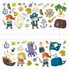 Pirate adventures Pirate party Kindergarten pirate party for children Adventure, treasure, pirates, octopus, whale, ship Kids drawing vector pattern for banners, leaflets, brochure, invitations