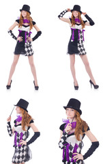 A girl in harlequin costume isolated on white