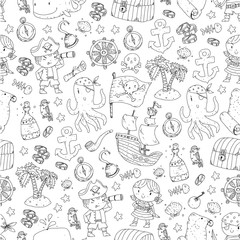 Pirate adventures Pirate party Kindergarten pirate party for children Adventure, treasure, pirates, octopus, whale, ship Kids drawing vector pattern for banners, leaflets, brochure, invitations