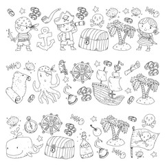 Pirate adventures Pirate party Kindergarten pirate party for children Adventure, treasure, pirates, octopus, whale, ship Kids drawing vector pattern for banners, leaflets, brochure, invitations
