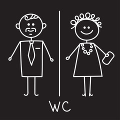 WC sign. Toilet door plate icon. Bathroom plate. Men and women WC sign for restroom. Chalk sketch on black board