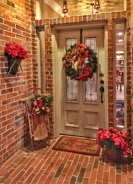 Festive Christmas Holiday Decorations In Entryway Of Home, Welcoming Mood