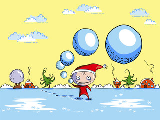Playful elf / Vector funny cheerful Christmas scene. Elf throws snowballs. Winter frosty day.