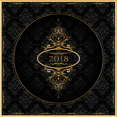 New Year 2018 greeting card with gold ornaments. 
