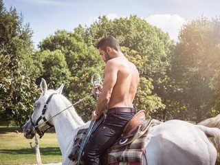 Handsome muscular man without shirt riding horse in natural bright sunlight.