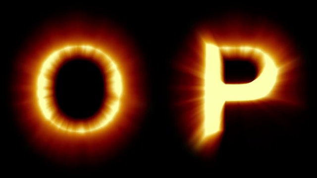 light letters O and P - warm orange light - strong shimmering and flickering animation loop - isolated