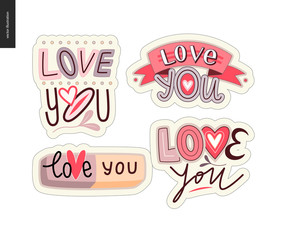 Set of contemporary girlie Love You letter logo. A set of vector patches, logo and letter composition. Vector stickers kit.
