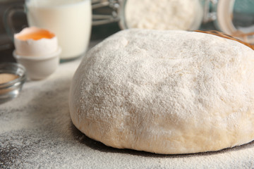 Raw dough sprinkled with flour on table, closeup