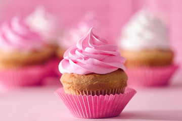 Delicious cupcake on table, closeup