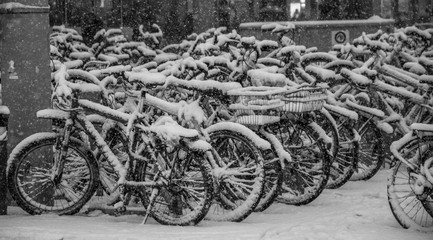 Bicycles at Zurich station. Snowing 02