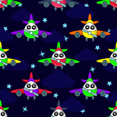 Cute kids aircraft pattern for girls and boys. Colorful aircraft on the abstract bright background create a fun cartoon drawing with cute eyes. The aircraft pattern is made in neon colors.
