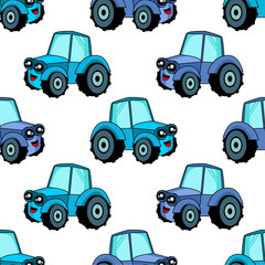 Niedliches Kinderautomuster für Mädchen und Jungen. Buntes Auto, Traktor auf dem abstrakten Hintergrund schaffen eine lustige Cartoon-Zeichnung. Das Automuster ist in Neonfarben gehalten. Urbane Kulisse für Textil und Stoff