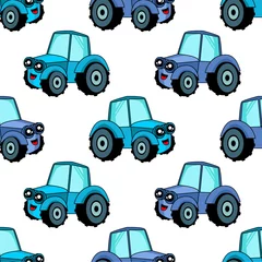 Rollo Autorennen Niedliches Kinderautomuster für Mädchen und Jungen. Buntes Auto, Traktor auf dem abstrakten Hintergrund schaffen eine lustige Cartoon-Zeichnung. Das Automuster ist in Neonfarben gehalten. Urbane Kulisse für Textil und Stoff