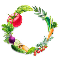 Watercolor vector wreath with asparagus, broccoli, tomatoes, peppers, basil, parsley and chili pepper - 185181670