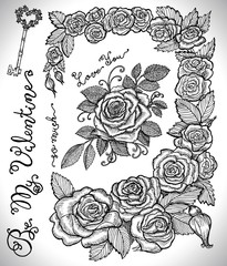 Design set with frame of roses, key, lettering and rose with leaves. Graphic collection for antique decorations, card. Hand drawn vintage vector illustration with Valentines Day concept