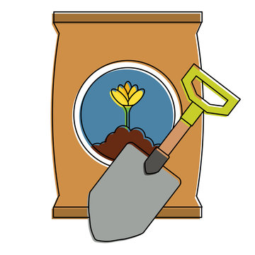 recommend clip art: gardening shovel with bag of fertilizer vector illustration design