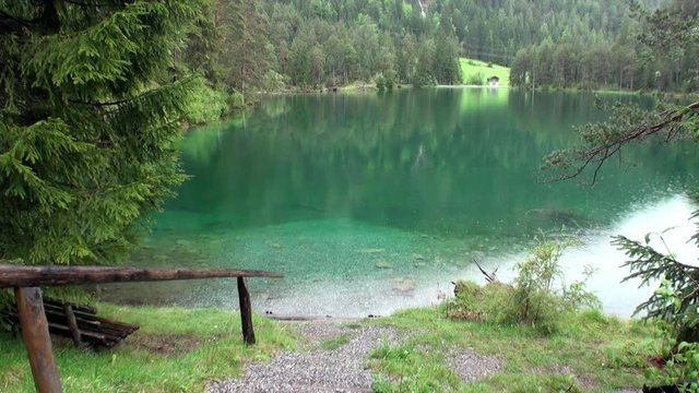 Fernsteinsee emerald green mountain lake at Fernpass in Nassereith Austria. Beautiful alpine attractions of nature.