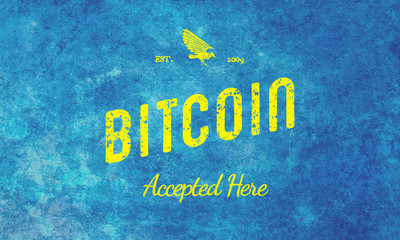 Bitcoin Accepted Here, Yellow On Blue Vintage Text Design 