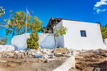 Greek flag and Tsambika Monastery, (RHODES, GREECE)