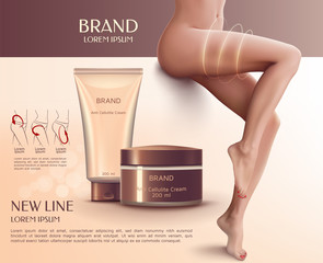 Design of web banner with anti-cellulite cream in tube and jar. Advertising of means for care of body skin and figure for women. Concept vector illustration of cosmetic cream.
