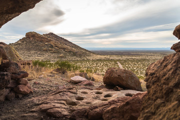 Landscape view from the inside of a cave at Pena Blanca in the Organ Mountainsnear Las Cruces, New Mexico. 