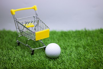 golf ball with trolley on green grass for golfer shopping concept