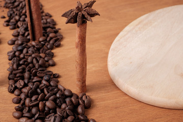 The original concept, coffee and sweets with spices. Place for your text.