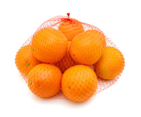 Fresh Oranges in Plastic Mesh Sack on White Background