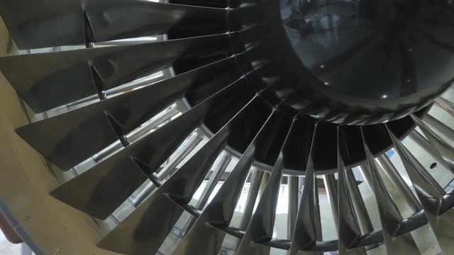 Turbojet airplane airliner engine. Turbine blades close-up
