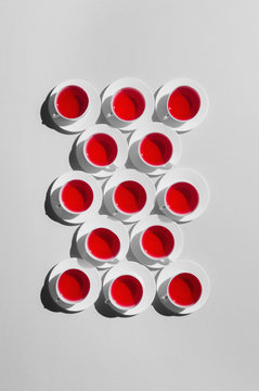 Tea time/cups of tea arranged.