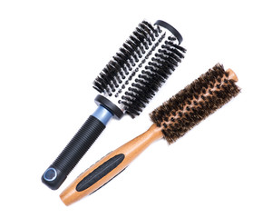 Aluminum barrel round, natural bamboo hairbrushes with wild boar bristles isolated on white background