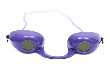 Indoor tanning bed eye UV protection purple goggles isolated on white background