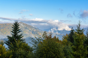 Mountain landscape, autumn sunny morning. Carpathian Mountains, Mizhhiria, Ukraine.
