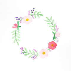 Flowers wreath watercolors, Hand drawing flowers in watercolor style on white paper background, with copy space for text, greeting card background, banner