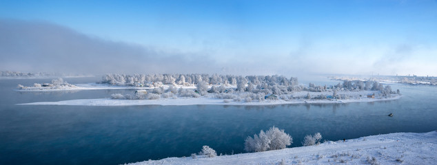 Panorama Island in the city of Irkutsk on the Angara River in winter in January