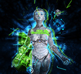 Female cyborg on techno background 3d illustration - obrazy, fototapety, plakaty