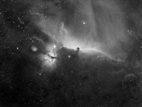 The Horsehead and flame nebula in mono