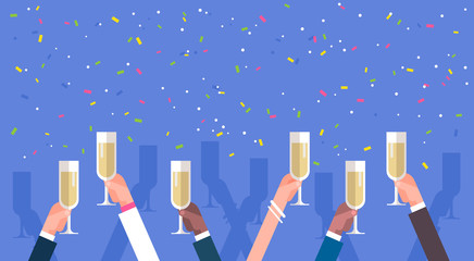 Group Of Business Man Hands Holding Champagne Glasses Success Celebration Concept Flat Vector Illustration