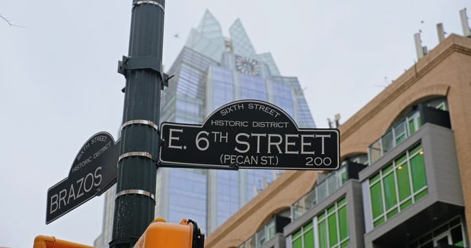 A static shot of the E 6th Street sign in the historic tourist district of Austin, Texas.  	