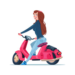 Fototapeta na wymiar Young Girl Riding Electric Scooter Red Vintage Motorcycle Isolated On White Background Flat Vector Illustration