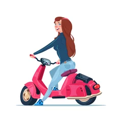 Foto op Plexiglas Young Girl Riding Electric Scooter Red Vintage Motorcycle Isolated On White Background Flat Vector Illustration © mast3r